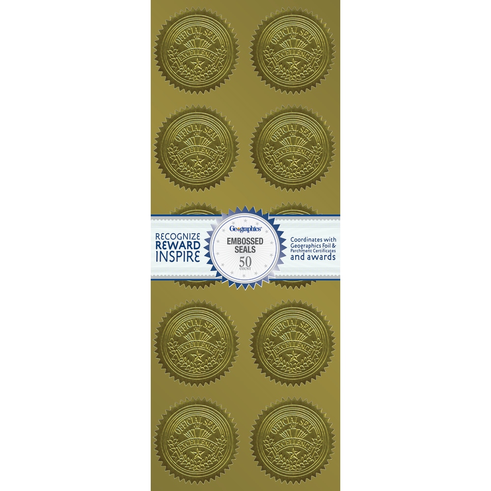 Geographics Embossed Seals, 2", Gold Excellence, Pack Of