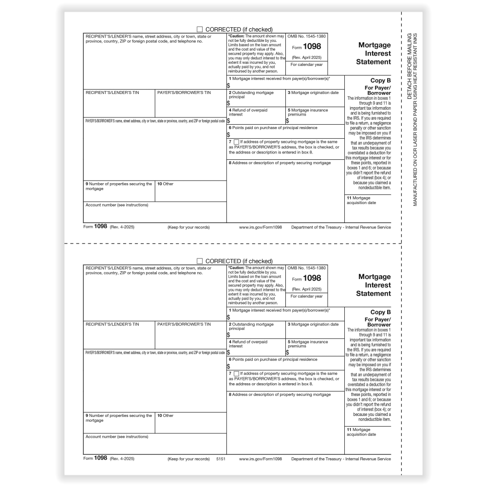 ComplyRight® 1098 Tax Forms, 2-Up, Payer/Borrower Copy B,