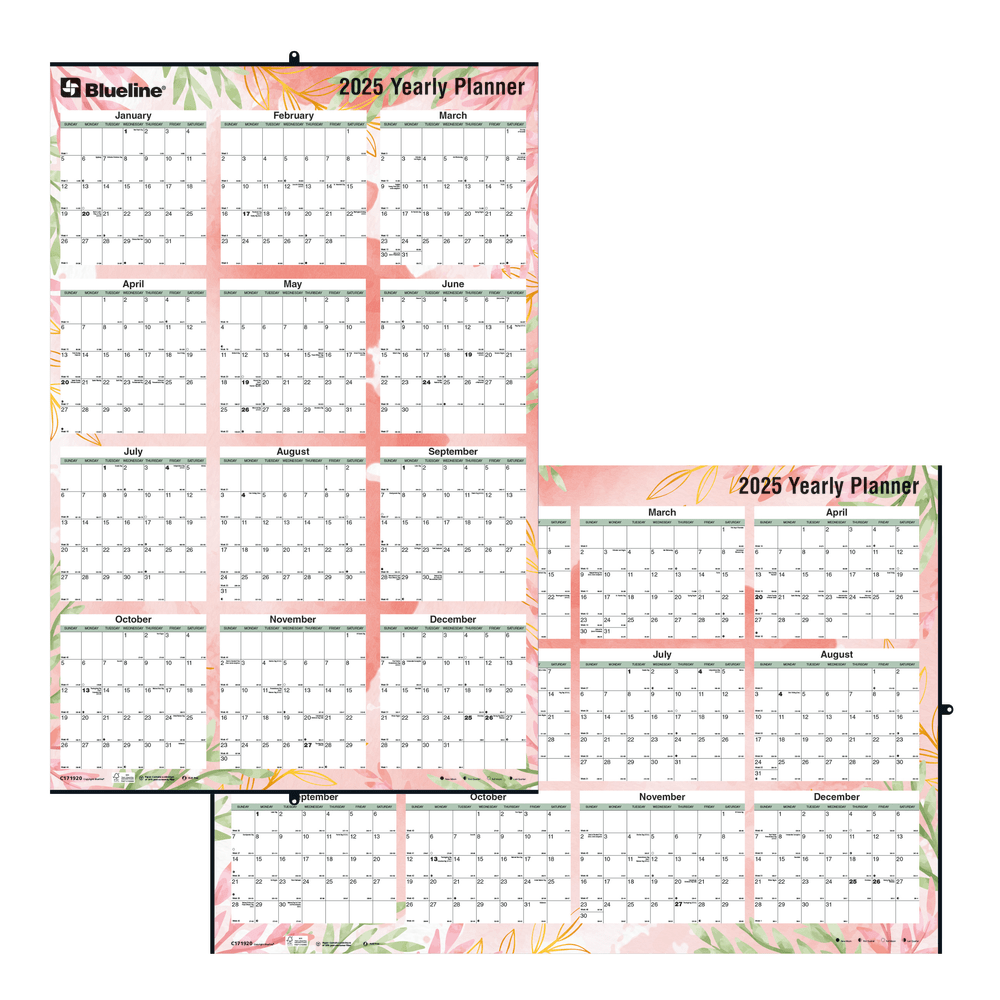 2025 Blueline Colorful Laminated, Reversible And Erasable Yearly