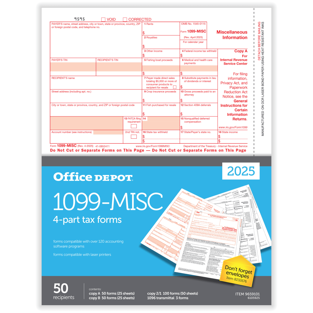 Office Depot® 1099-MISC Laser Tax Forms, 4-Part, 2-Up,