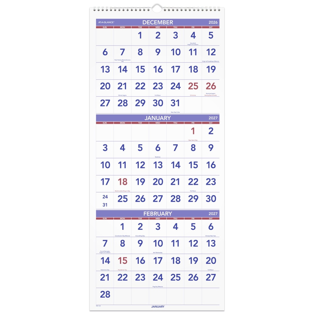 AT-A-GLANCE® 2027 Three Month Reference Vertical Wall Calendar,