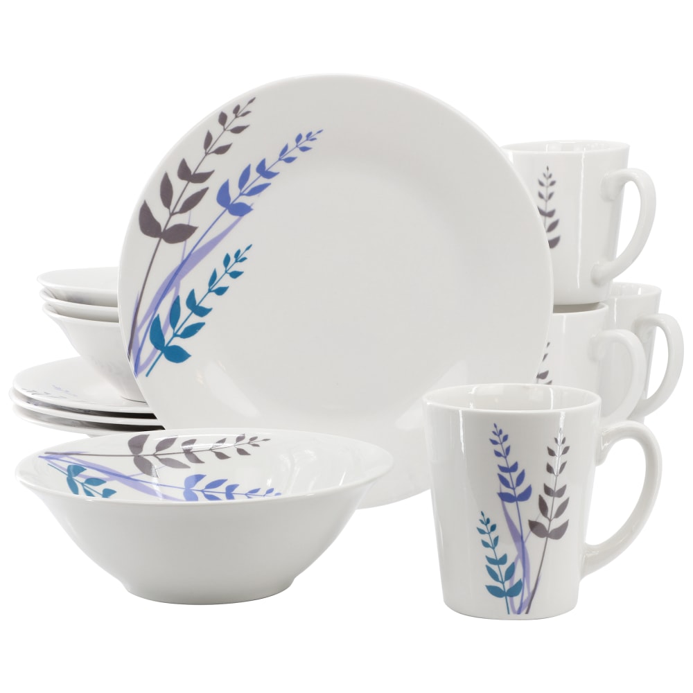 Gibson Home Blue Leaves 12-Piece Round Fine Ceramic