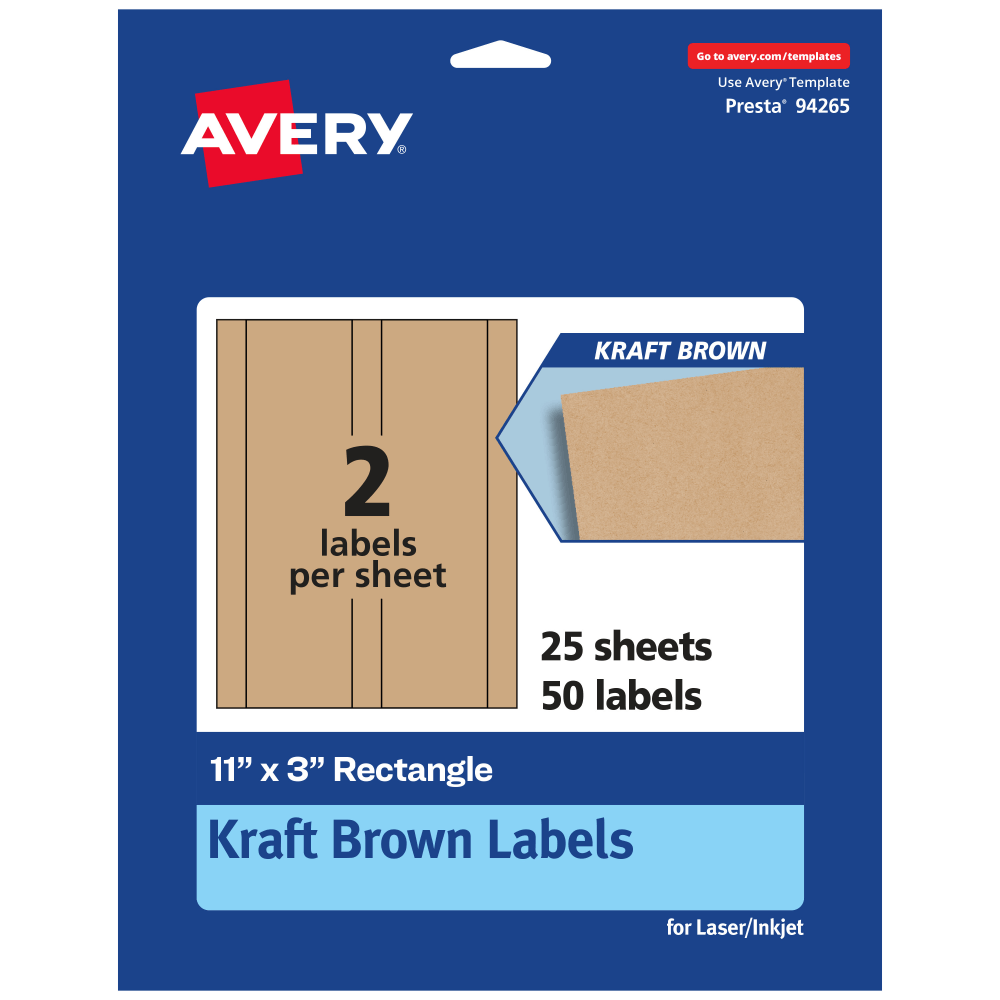Avery® Kraft Permanent Labels, 94265-KMP25, Rectangle, 11" x