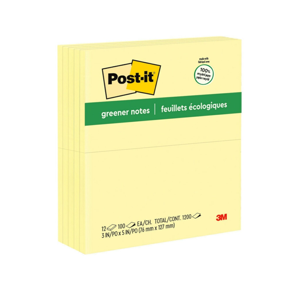 Post-it® Greener Notes, 3" x 5", Canary Yellow,