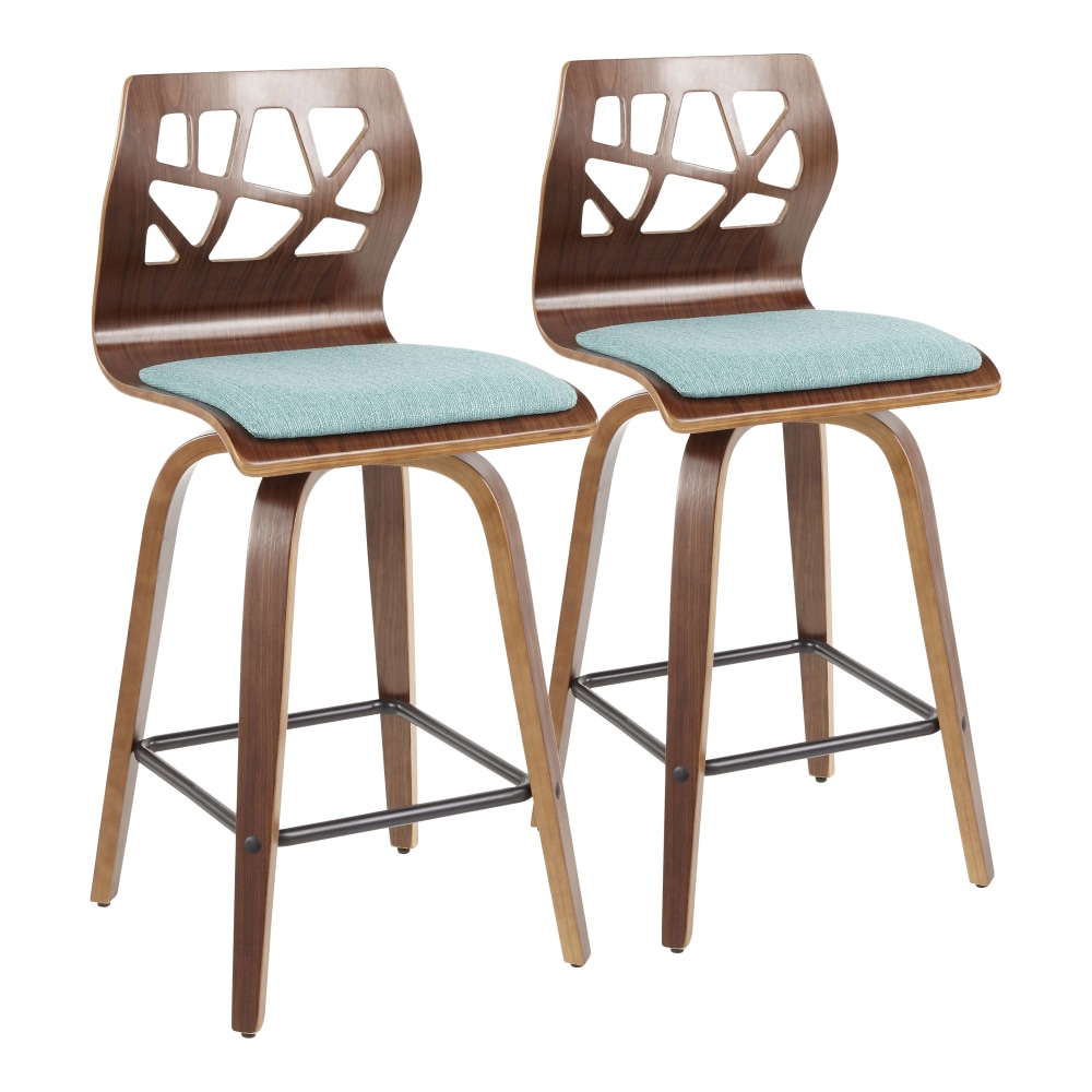 LumiSource Folia Mid-Century Counter Stools, Walnut/Teal, Set Of