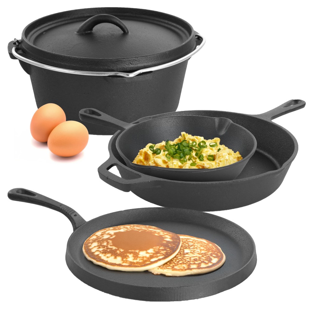 MegaChef Pre-Seasoned 5-Piece Cast Iron Cookware Set, Black