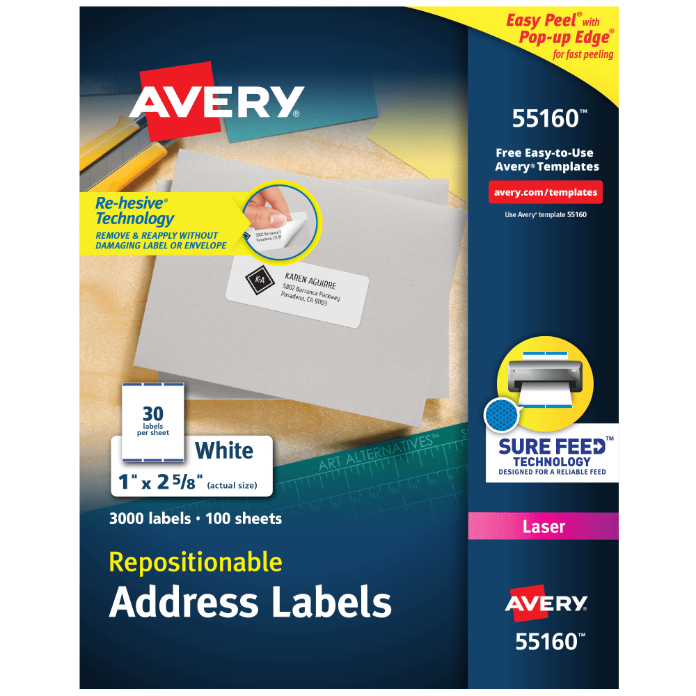 Avery® Repositionable Address Labels, 55160, Rectangle, 1" x