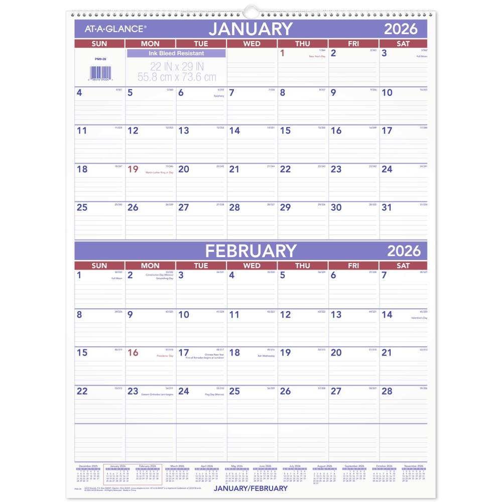 AT-A-GLANCE® 2026 Two Month Wall Calendar, Large, 22"