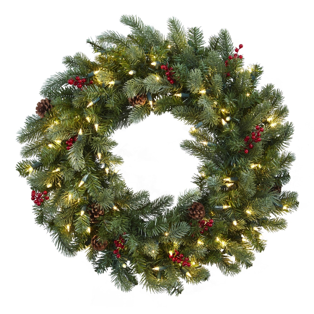 Nearly Natural 30”H Lighted Pine Wreath With Berries