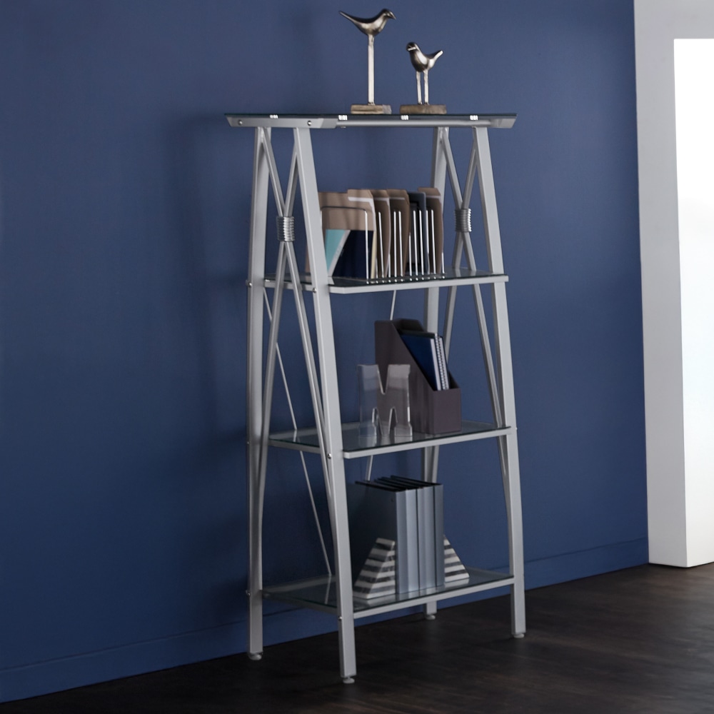Realspace® Vista 60"H 4-Shelf Glass/Metal Bookcase, Clear/Silver