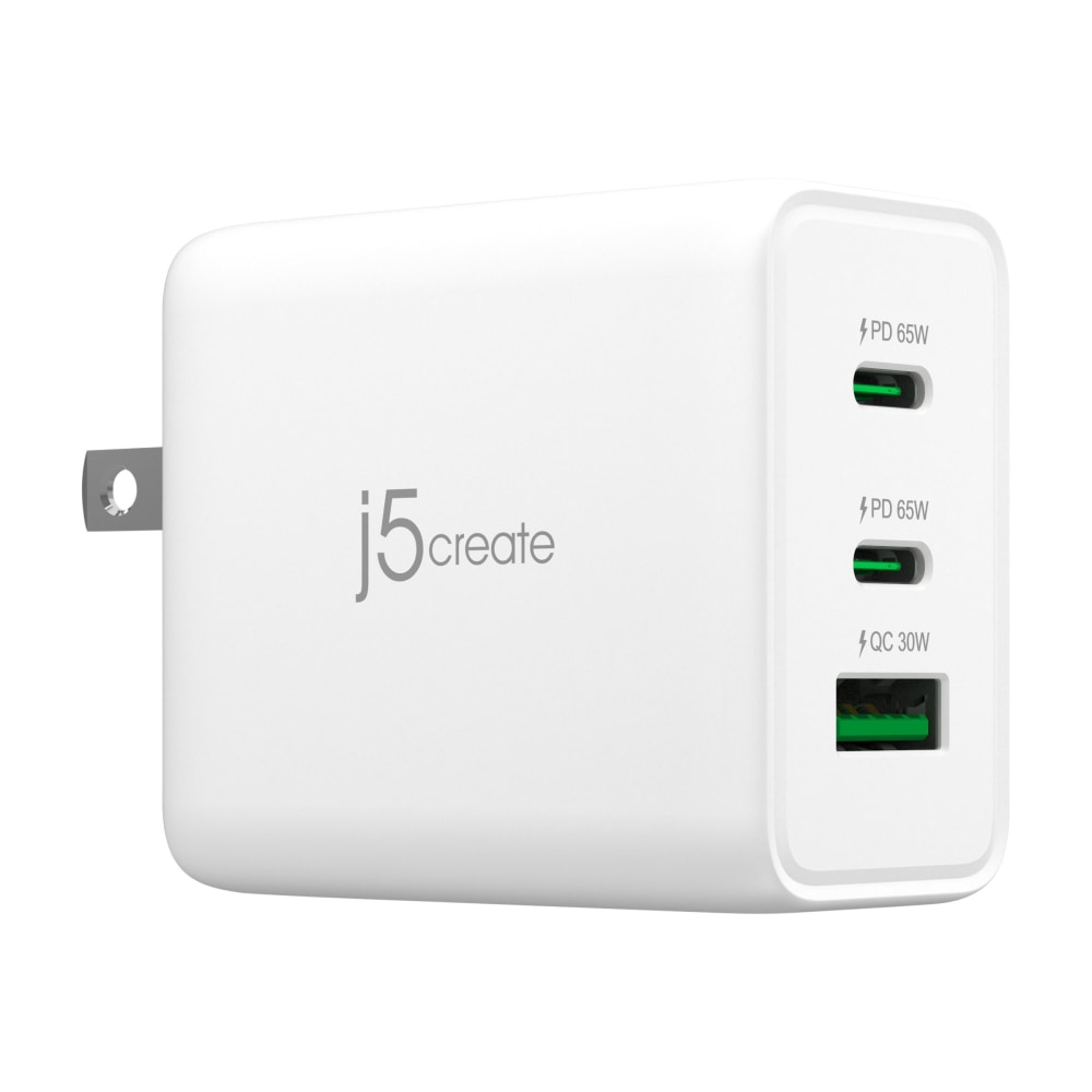 j5create 65W GaN USB-C 3-Port Charger, White, JUP3365