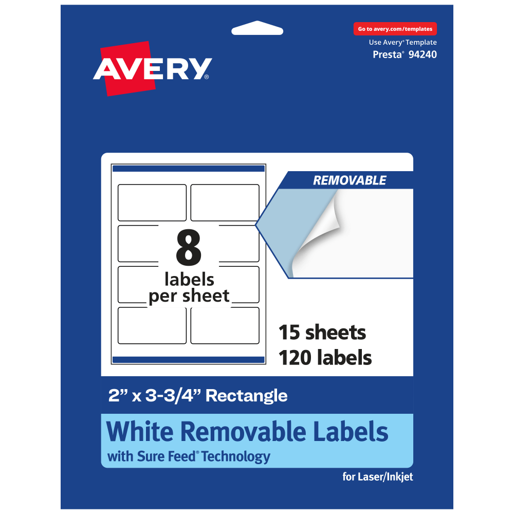 Avery® Removable Labels With Sure Feed®, 94240-RMP15, Rectangle,