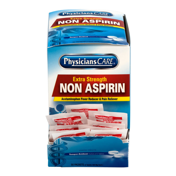 PhysiciansCare Non Aspirin Acetaminophen Pain Reliever Medication, 2 Tablets Per Packet, Box Of 50 Packets