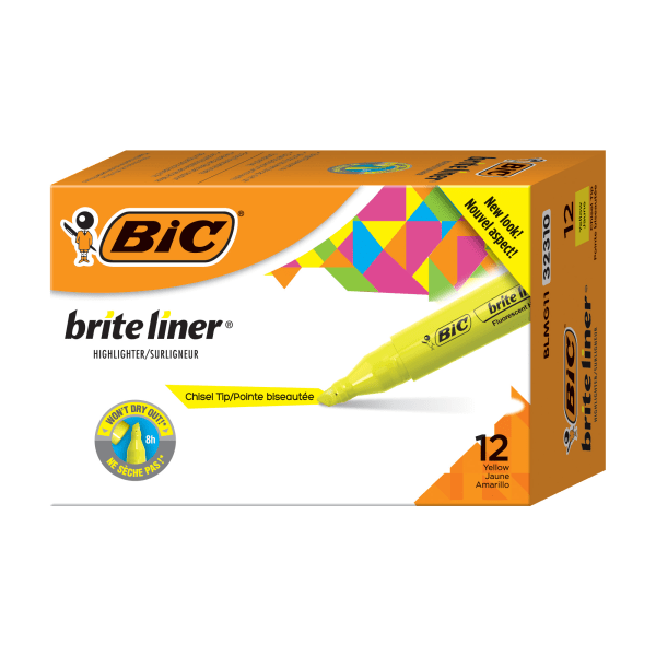 BIC Brite Liner Grip XL Highlighters, Chisel Tip, Fluorescent Yellow, Pack Of 12