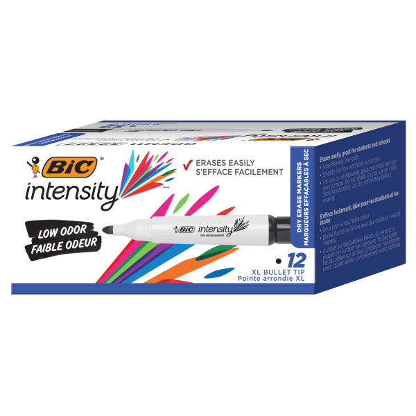 BIC Intensity Low Odor Whiteboard Markers, Chisel Tip, Black Ink, Pack Of 12