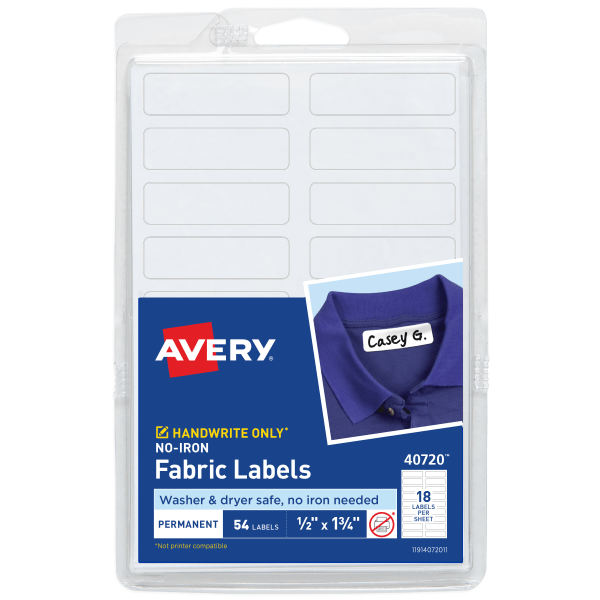 Avery� No Iron Fabric Labels, 40720, Rectangle, 1/2" X 1 3/4", White, Pack Of 54"