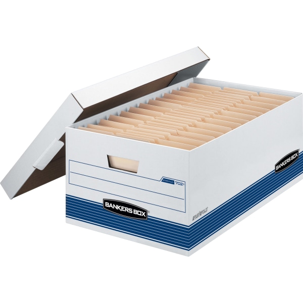 Bankers Box Legal Size File Storage Box with Lid  15x10x24 in  Holds 700 lb  White and Blue  12 Pack