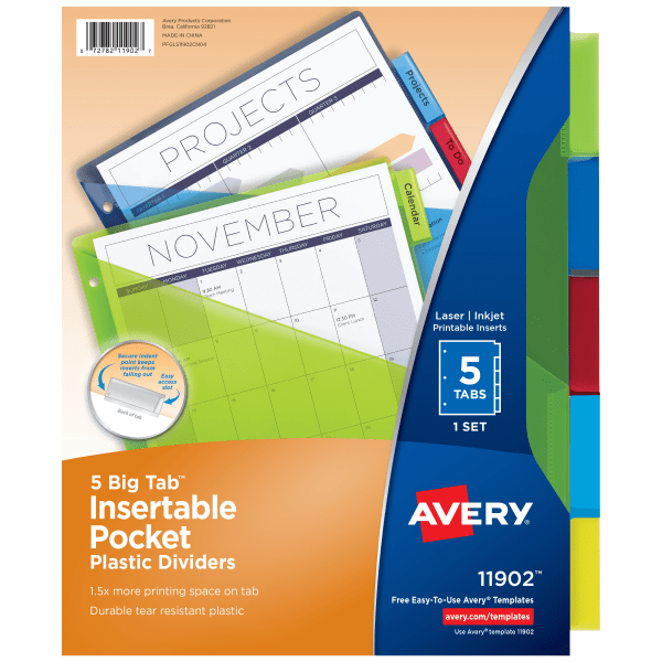 Avery&reg; Dividers For 3 Ring Binders, 5-Tab Binder Dividers, Plastic Binder Dividers with Pockets, Insertable Big Tab&trade;, Multicolor, 1 Set (11902) AVE11902