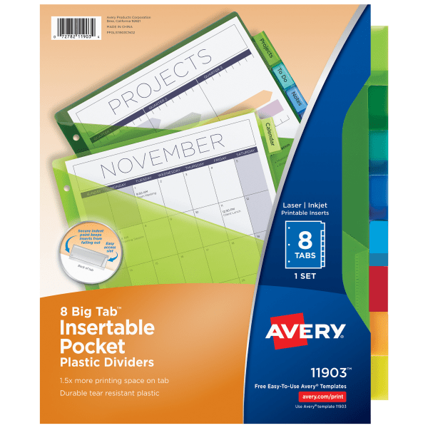 Avery&reg; Dividers for 3 Ring Binders, 8-Tab Binder Dividers, Plastic Binder Dividers with Pockets, Insertable Big Tab&trade;, Multicolor, 1 Set (11903) AVE11903