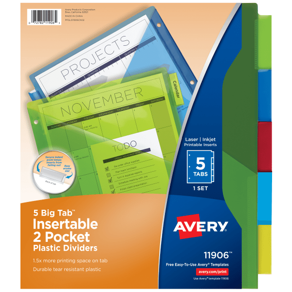 Avery&reg; Big Tab Insertable Two-Pocket Dividers - 5 Print-on Tab(s) - 5 Tab(s)/Set - 3 Hole Punched - Plastic Divider - Multicolor Tab(s) - 5 / Set AVE11906
