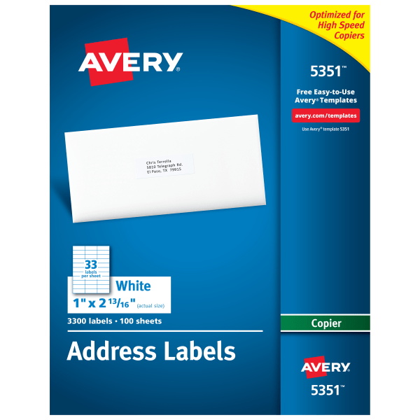 Avery Address Labels for Copiers  1  x 2-13/16   3 300 White Labels (5351)