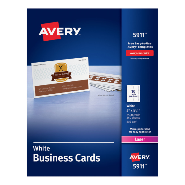 Avery&reg; Laser Microperforated Business Cards, 2&quot; x 3 1/2&quot;, White, Pack of 2,500 AVE5911