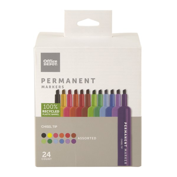 Office Depot Brand Tank-Style Permanent Markers, Chisel Point, Assorted Colors, Pack Of 24