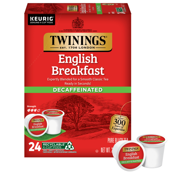 Twinings of London English Breakfast Tea Single-Serve K-CupPods, Decaffeinated, 0.11 Oz, Box Of 24