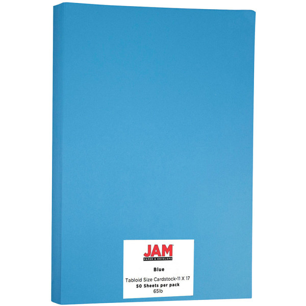 JAM Paper Cover Card Stock, 11" x 17", 65 Lb, 30% Recycled, Blue, Pack Of 50 Sheets