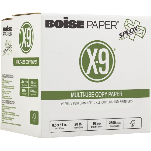 BOISE X-9 Multi-Use Copy Paper  8.5  x 11  Letter  SPLOX Speed Loading Reamless Easy Carry Box  92 Bright White  20 lb. (2 500 Sheets)