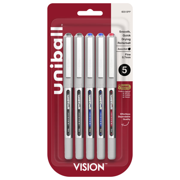 uni-ball Vision Rollerball Pens, Fine Point, 0.7 mm, Gray Barrel, Assorted Ink Colors, Pack Of 5