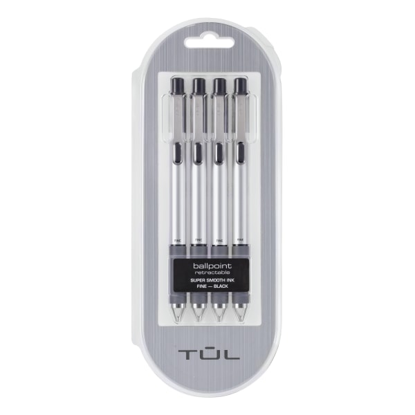 TUL BP Series Retractable Ballpoint Pens, Fine Point, 0.8 mm, Silver Barrel, Black Ink, Pack Of 4 Pens