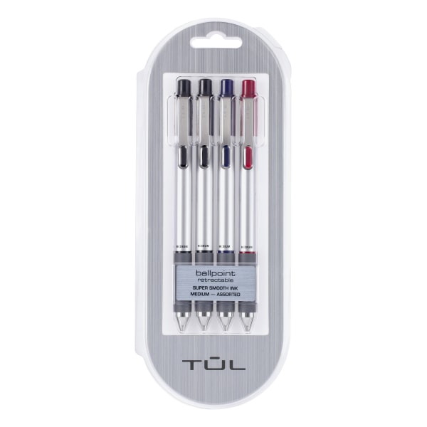 TUL BP Series Retractable Ballpoint Pens, Medium Point, 1.0 mm, Silver Barrel, Assorted Inks, Pack Of 4 Pens