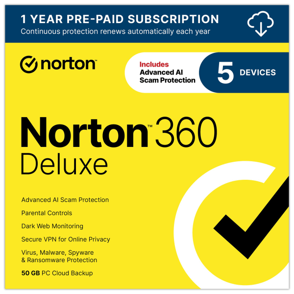 Norton™ 360 Deluxe, For 5 Devices, 1-Year Subscription, Windows®, Download