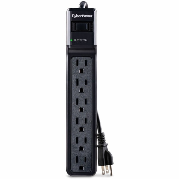 CyberPower CSB606 Essential 6 - Outlet Surge with 900 J - Clamping Voltage 800V, 6 ft, NEMA 5-15P, Straight, 15 Amp, EMI/RFI Filtration, Black, RG6 Co