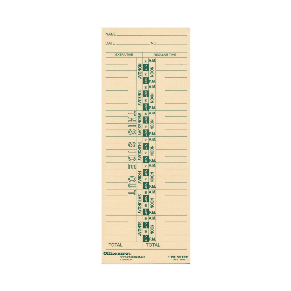 OfficeMax 1-Sided Weekly Time Cards With Named Days, 3 3/8 x 9, Pack Of 400