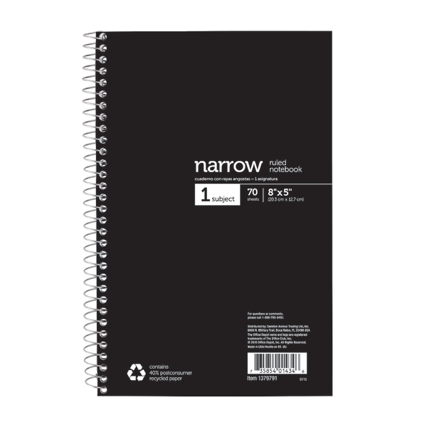 OfficeMax Brand Notebook, 5 x 8, 1 Subject, Narrow Rule, Black
