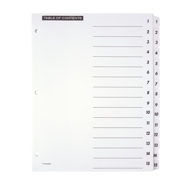 OfficeMax Brand Preprinted Index Dividers, Numbers 1-15, 8 1/2 x 11, Black/White, Set Of 15