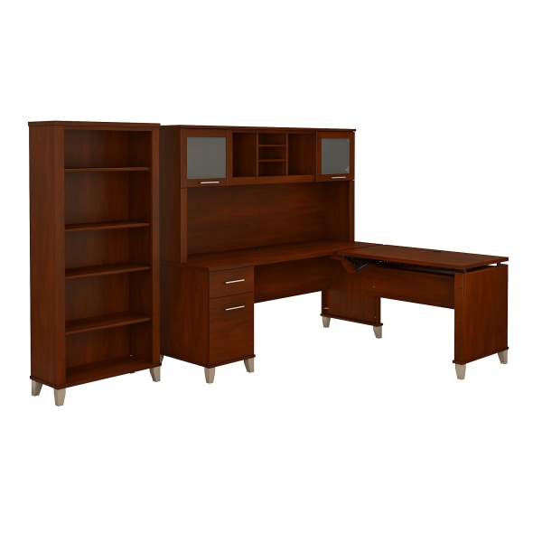 Bush Furniture Somerset 72""W 3 Position Sit to Stand L Shaped Desk With Hutch And Bookcase, Hansen Cherry, Standard Delivery -  SET017HC