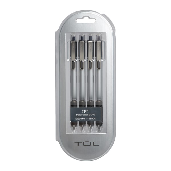 TUL GL Series Retractable Gel Pens, Medium Point, 0.7 mm, Silver Barrel, Black Ink, Pack Of 4 Pens