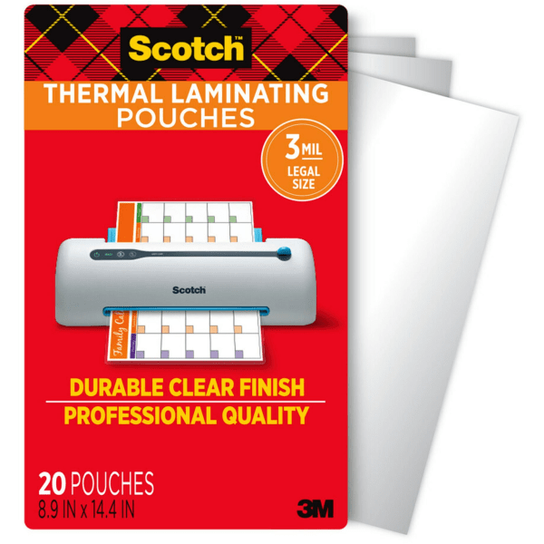 Scotch Thermal Laminating Pouches  Legal Size  8.5 in x14 in  20 Pouches/15 Pack 