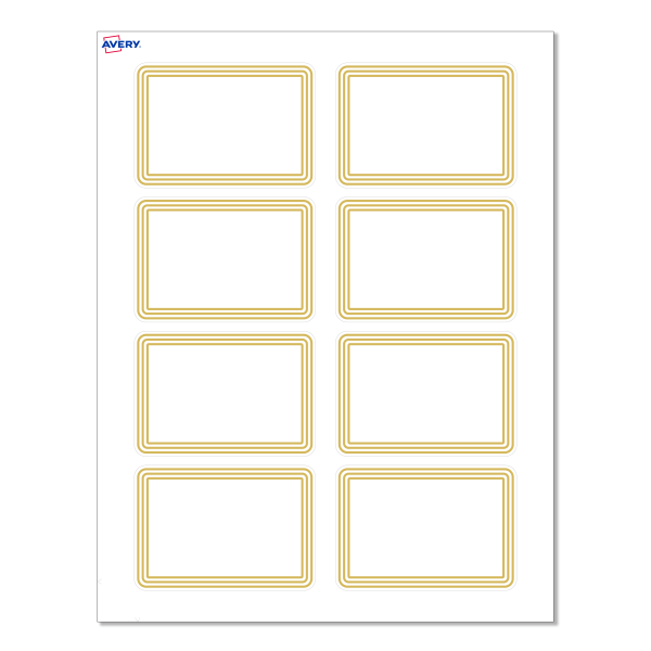 Avery® Adhesive Name Badges, S00-EXZ-PRFNB10, Rectangle, 2-1/3" x 3-3/8", Matte White, Preprinted Multi-Lined Gold Border Design, Pack Of 80
