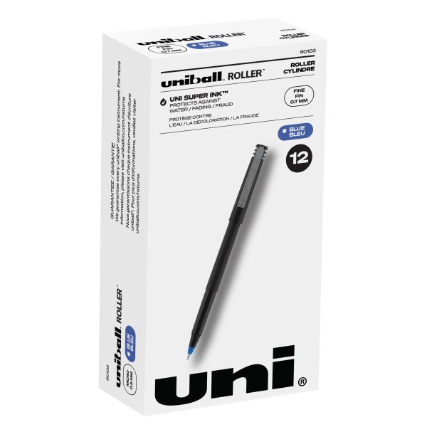 uni-ball Rollerball Pens, Fine Point, 0.7 mm, 80% Recycled, Black Barrel, Blue Ink, Pack Of 12 Pens