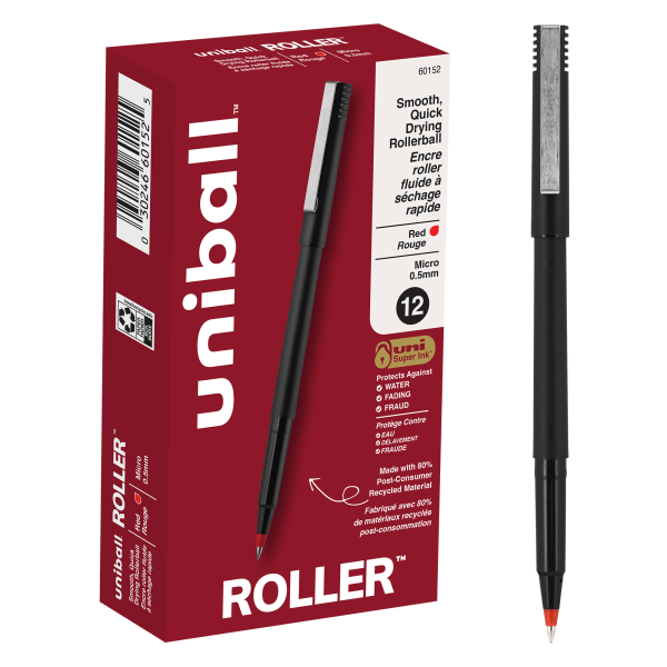 uni-ball Rollerball Pens, Micro Point, 0.5 mm, 80% Recycled, Black Barrel, Red Ink, Pack Of 12 Pens
