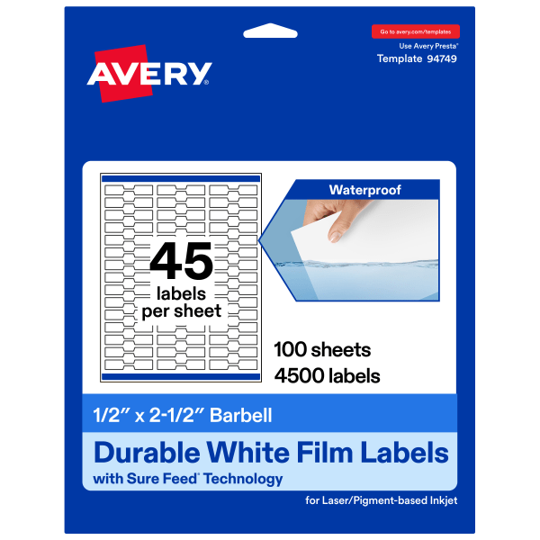Avery® Waterproof Permanent Labels With Sure Feed®, 94749-WMF100, Barbell, 1/2" x 2-1/2", White, Pack Of 4,500