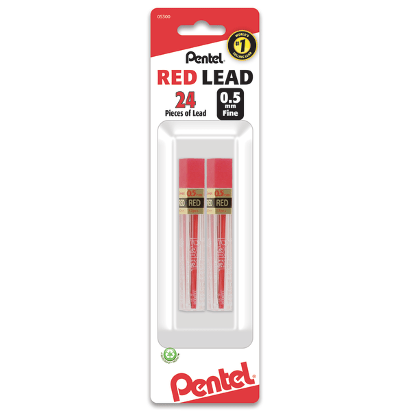 Pentel® Red Lead Refills, 0.5 mm, #2.5 Medium Soft Lead, Pack Of 2 Tubes