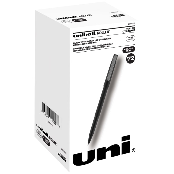 uni-ball Roller Pens, Micro Point, 0.5mm, 80% Recycled, Black Barrel, Black Ink, Pack Of 72