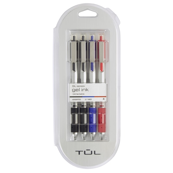 TUL Retractable Gel Pens, Medium Point, 0.7 mm, Silver Barrel, Assorted Inks, Pack Of 4 Pens