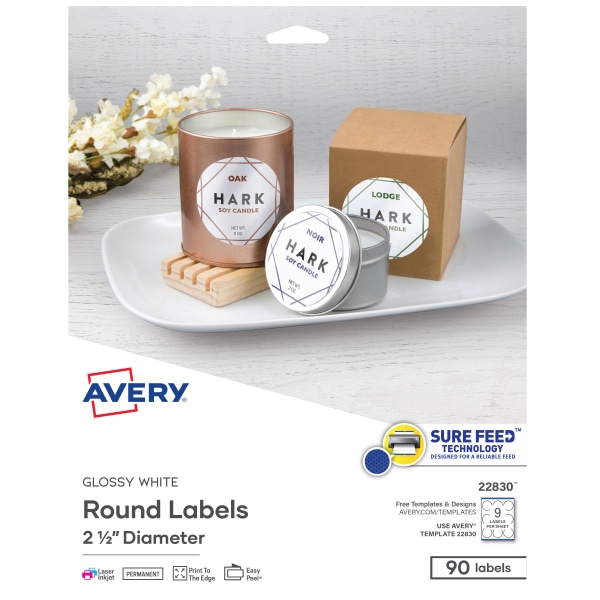 Avery&reg; Easy Peel&reg; TrueBlock&reg; Print-To-The-Edge Inkjet/Laser Labels, Round, 22830, 2 1/2&quot; Diameter, Glossy White, Pack Of 90 AVE22830