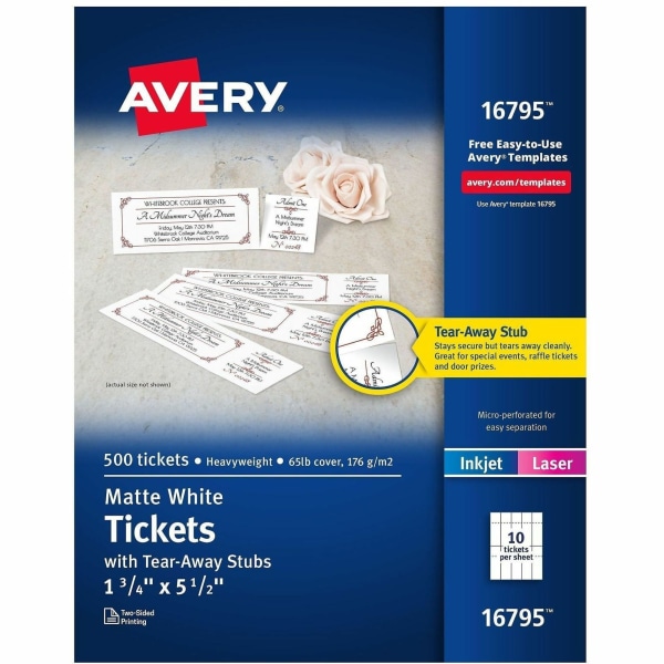 Avery TearAway Stubs Matte Printable Tickets  White  500Pack